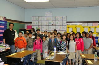 IGERT trainee Dennis Evangelista with the 3rd grade students of PS23 Mahatma Gandhi Elementary School in Jersey City, NJ he corresponded with during his research experience in Antarctica.