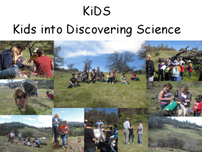 Elementary school students, teachers, and UC Davis mentors on a field day for the Kids into Discovering Science program