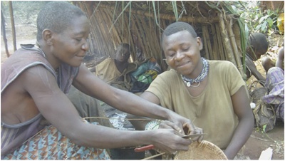 Cultural transmission in hunter-gatherer adolescence: Aka aunt teaching niece to make basket (photo by Bonnie Hewlett)
