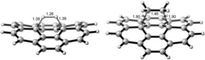 Transition states of coronene reacting with dihydrogen (left) and ethylene (right). Distances are shown in Ångstroms.