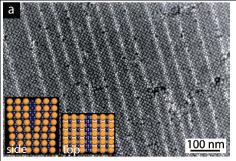 Fig. 4. TEM image of line defects in a binary nanocrystal superlattice of Au and Fe2O3 nanocrystals