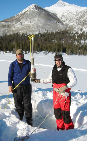 Lake sediment core from Jewel Lake, Alaska, Jay Hodgson (R) and Nelson Ham (L) 