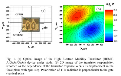Optical image of a high electron mobility transistor and 2D image of transistor response induced by terahertz radiation
